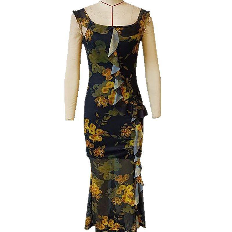 Damen Sommer Neckholder Französisches Netz Druck Ärmelloses Kleid mit Rüschenkante