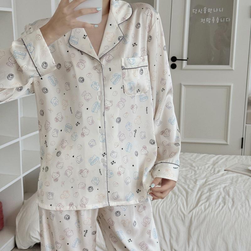2025 Cute Korean-Style Cartoon Pajamas for Women - Long Sleeve & Pants - Autumn/Spring Homewear