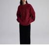 Women's European Style Heavy-Duty Three-Strand Twisted Wool Sweater, Autumn/Winter, Red Heather Yarn, Relaxed Fit