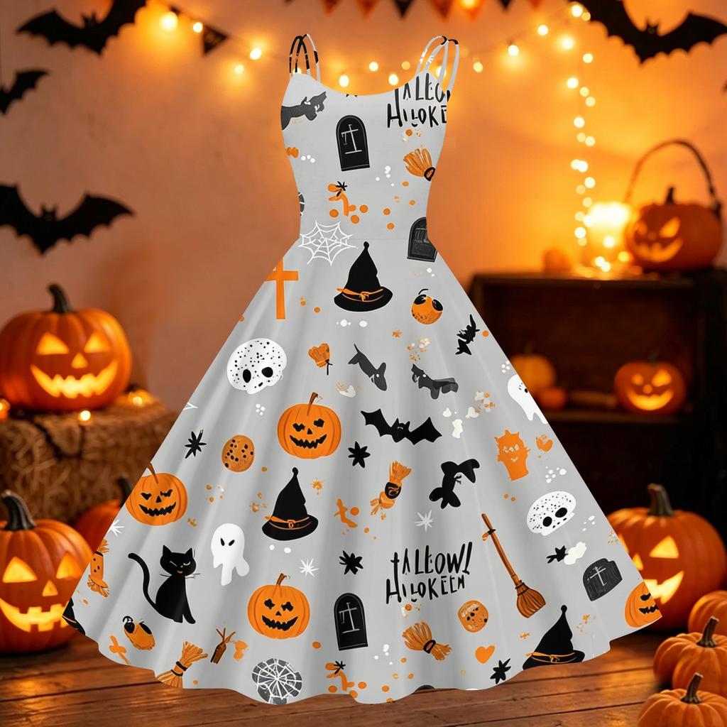 Womens Halloween Print Dress Off Shoulder Punk Style Vintage Flared Skirt Spaghetti Strap Sleeveless Dress for Party