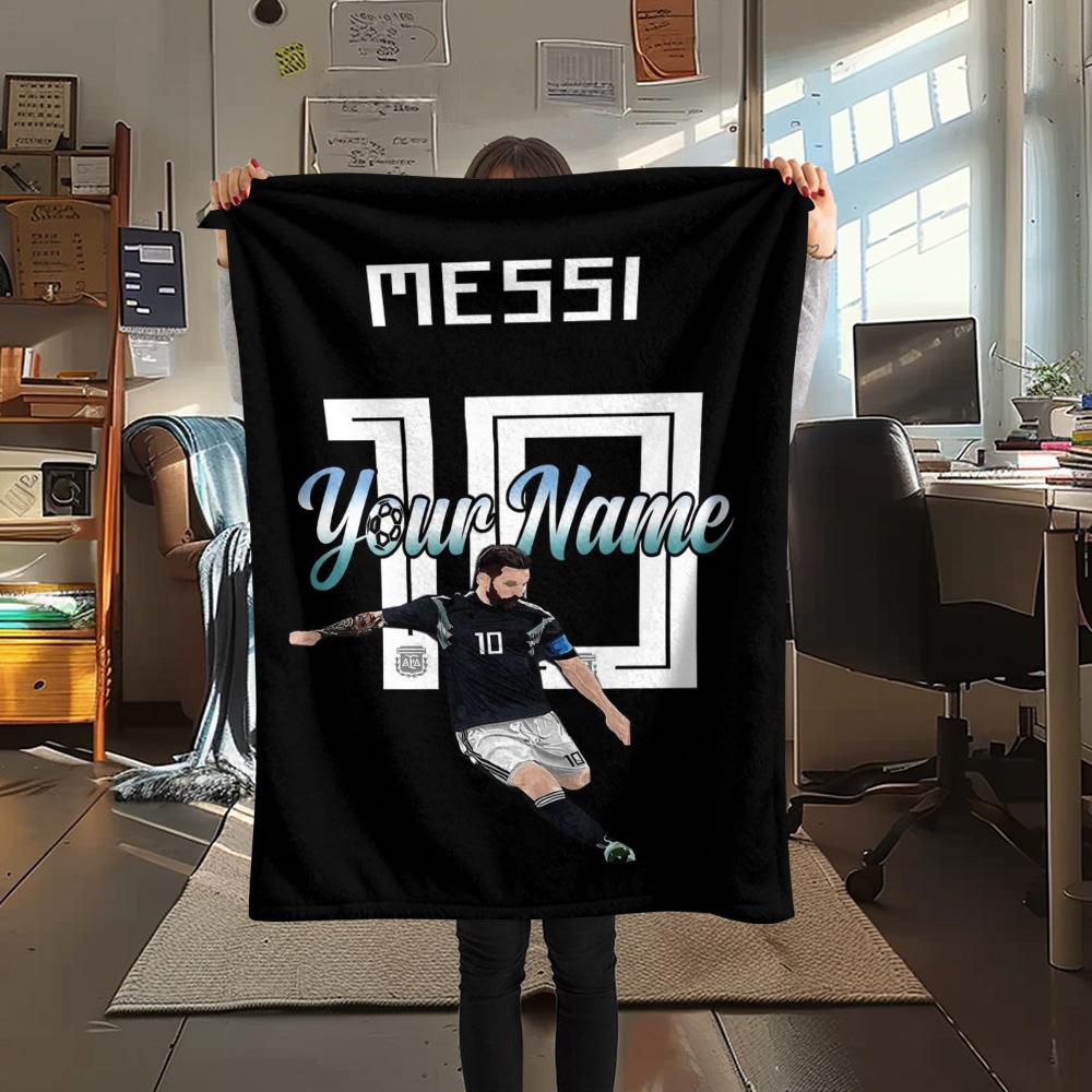 1PC Messi Fan Artwork Custom Name Patterned Flannel Blanket Suitable For All Seasons For Home Decor Warmth And Comfort Gifts Holiday Present