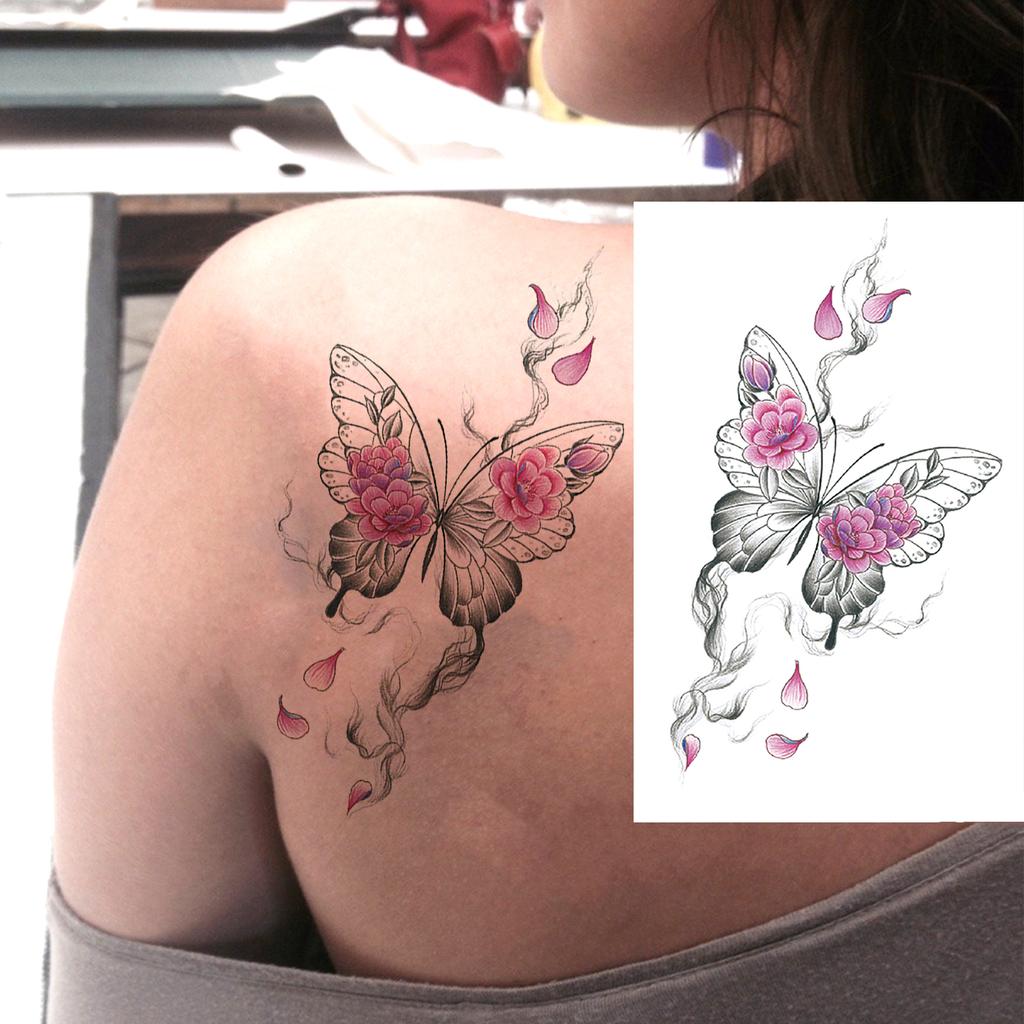 1 Sheet Sexy Butterfly Plum Rose Temporary Tattoos For Women Girls Watercolor Fake Flower Tattoo Sleeve Waterproof Decoration