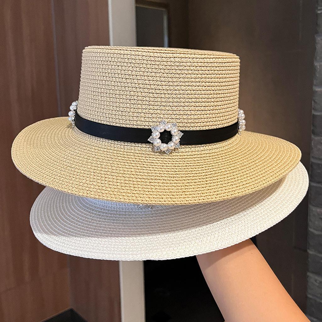 Elegant Boater Straw Hat with Pearl Flower Hatband Women Ladies Summer Breathable Wide Brim Beach Hat Sun Protection Visor Caps