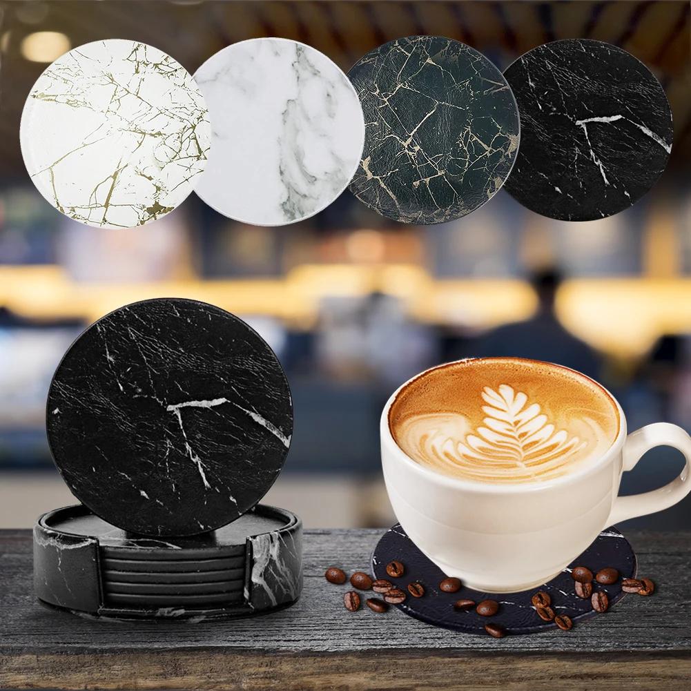 1/6PCS Artificial Leather Marble Coaster Drink Coffee Cup Mat Table Plamats Round Heat-resistant Tea Pad Table Pad Holder