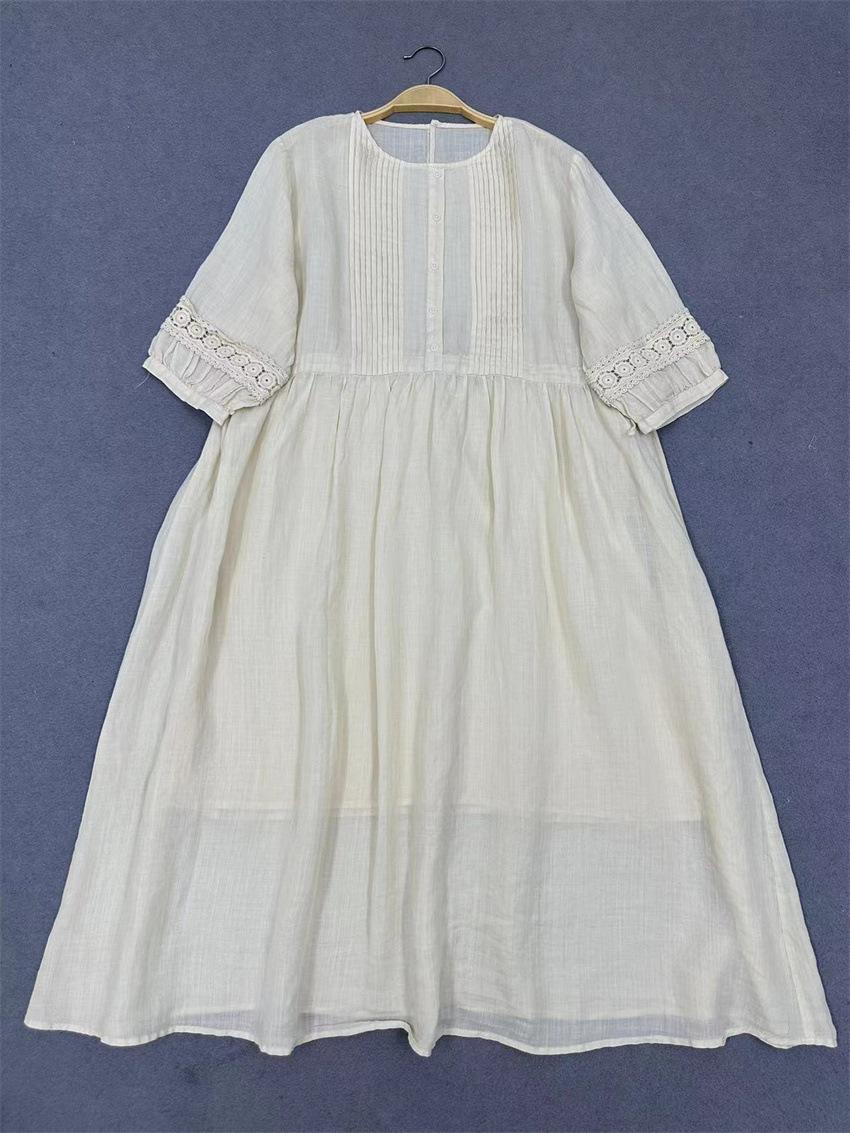 

Винтажные кружевные лоскутные платья Johnature со складками и вырезами, летние свободные универсальные платья со шнурком One Size бежевый