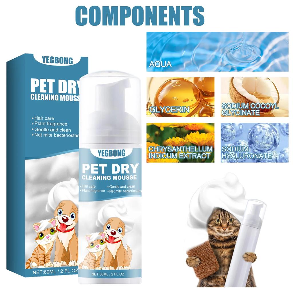 Yegbong Pet Dry Shampoo No Rinse Waterless Wash for Cats Dogs Odor Removal Hair Care Deshedding Dense Comb Gloves Cleaning Kit