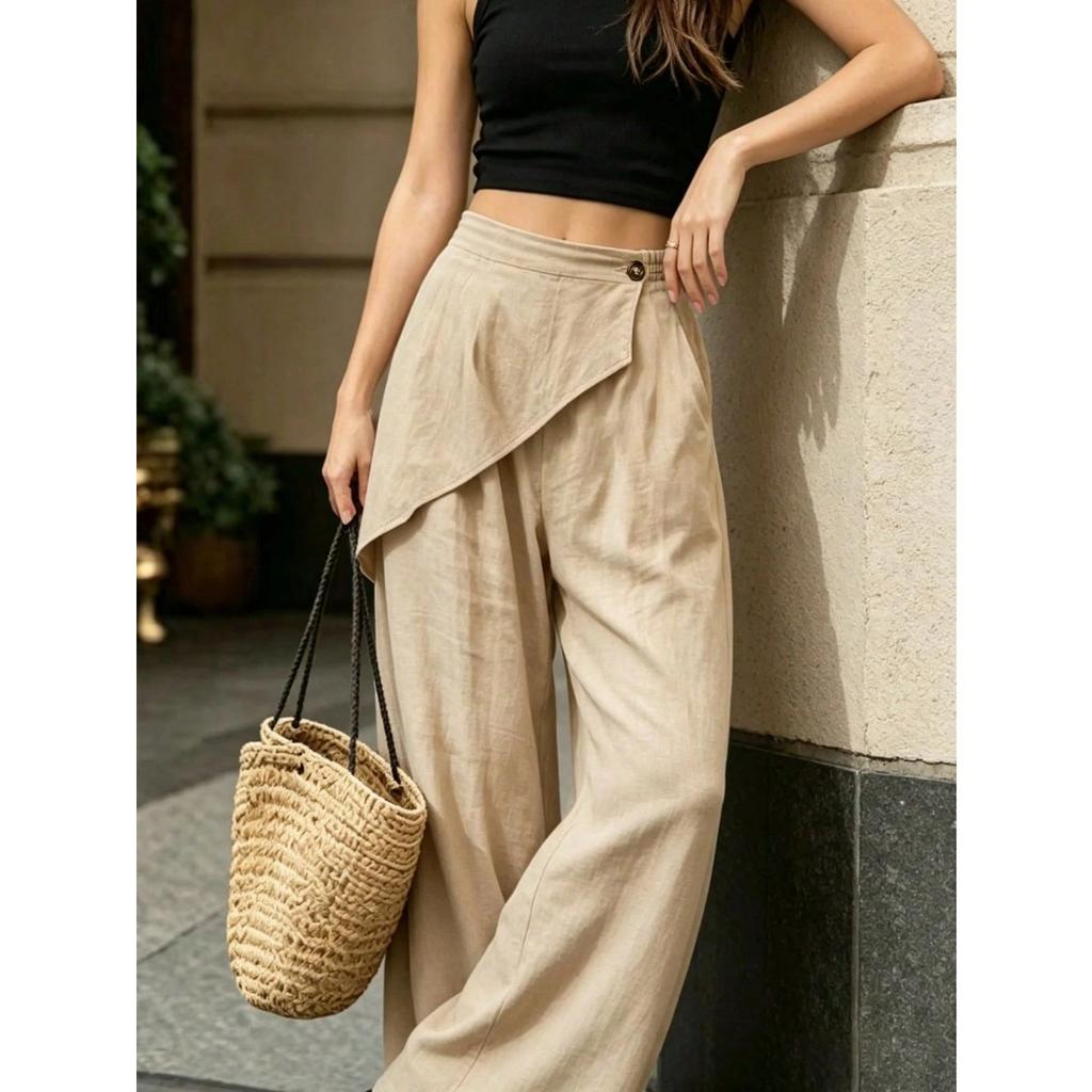 New Women's Imitation Linen Wide Leg Pants, Loose Solid Color Irregular Casual Trousers, European American Style
