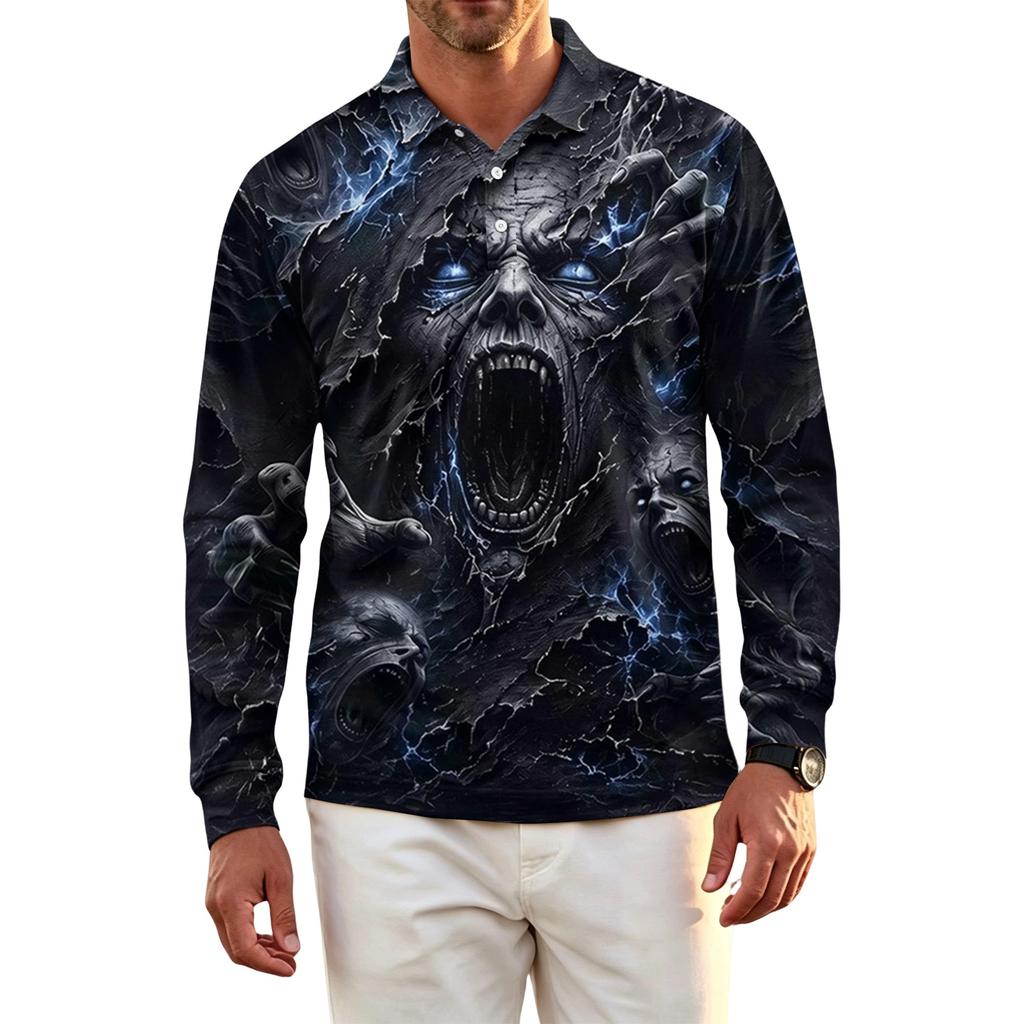Men's Quick Dry Mesh Long Sleeve Golf Shirt Halloween Print