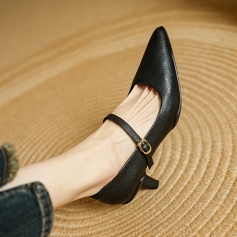 Fashion 2025 NEW Spring Women Pumps Pointed Toe Genuine Leather Shoes for Women Shallow Buckle Strap Mary Janes Modern High Heels Ladies
