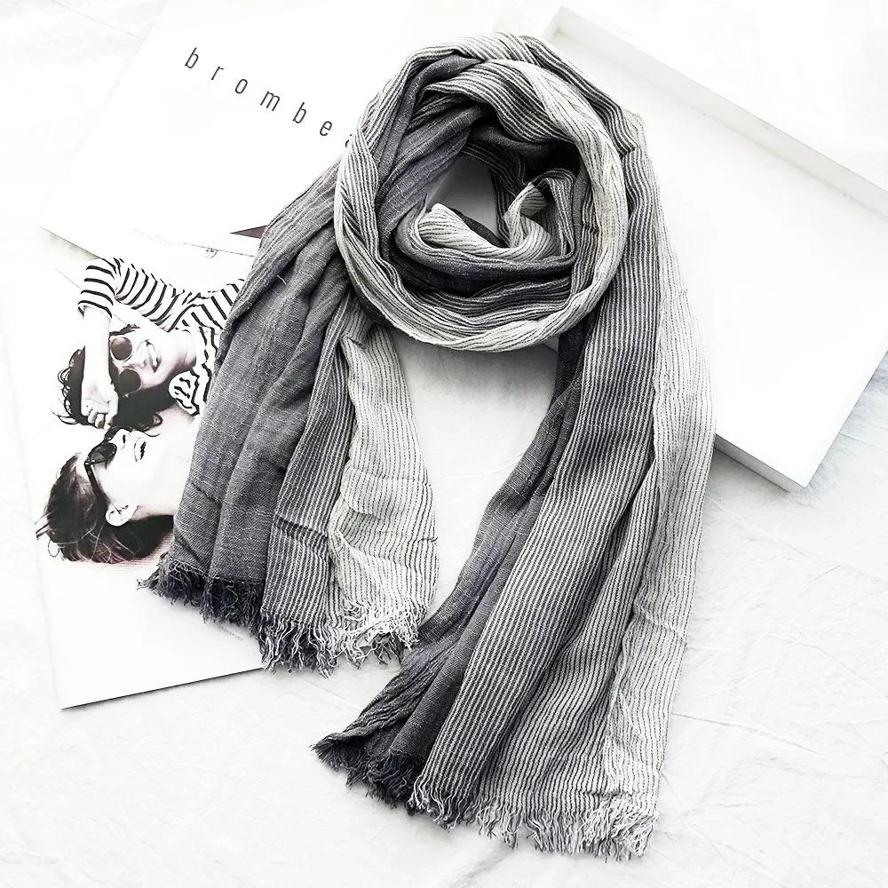 New 190*80cm Artistic Style Striped Cotton Linen Scarf Shawl Men's and Women's Same Style Mori Foulard En Mousseline Scarves