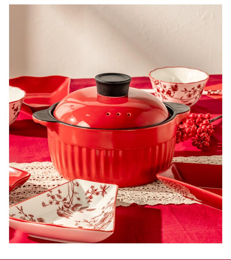 Rose Chinese Platter Ceramic Bowls And Plates Tableware Set Red Household Household Household Household High Temperature Casserole Stew Pot