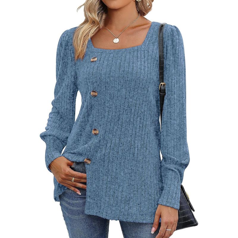 

2024 Square Neck Long Sleeved Solid Color WOMEN S Clothing Blue M