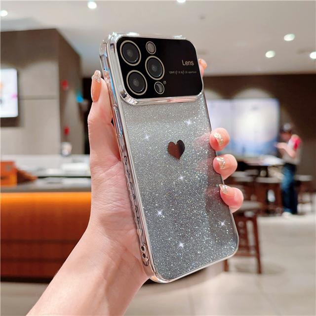 Luxury Plating Heart Love Bumper Flash Gradual Phone Case For iPhone 14 13 12 11 Pro Max Lens Protector On 14 Plus Glitter Cover