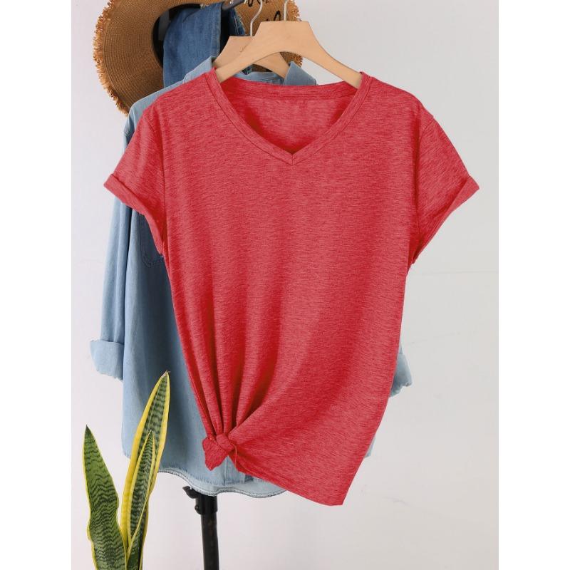 Fashionable Simple Versatile Pure-colored V-neck Short-sleeved Women's T-shirts