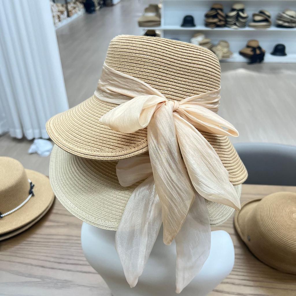 Hepburn style new simple and elegant bow streamer bucket hat women's summer sunscreen straw hat seaside vacation sunshade basin hat tide
