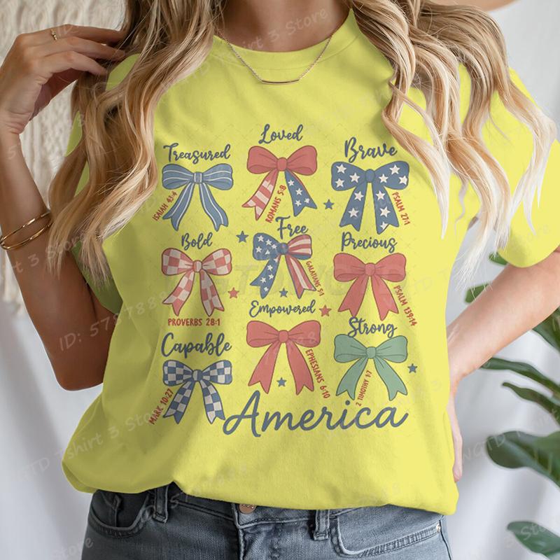 4th Of July Bows America Print Tshirt For Women Summer Casual Tshirts Short Sleeve Tops July 4th Gifts Independence Day Tshirt