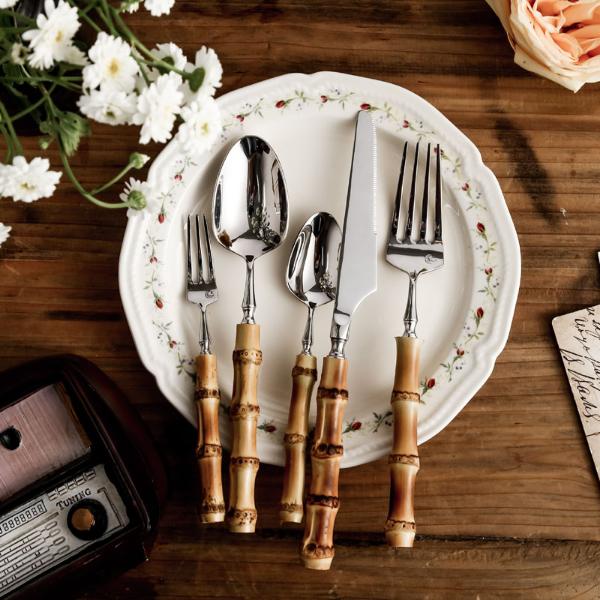 4PCS Creative Bamboo Handle Stainless Steel Tableware With Steak Knives Flatware Knives Set Includes Dessert Spoon Forks