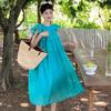 Blue small flying sleeve dress women's summer new French temperament wooden ear edge loose and thin knee medium and long skirt
