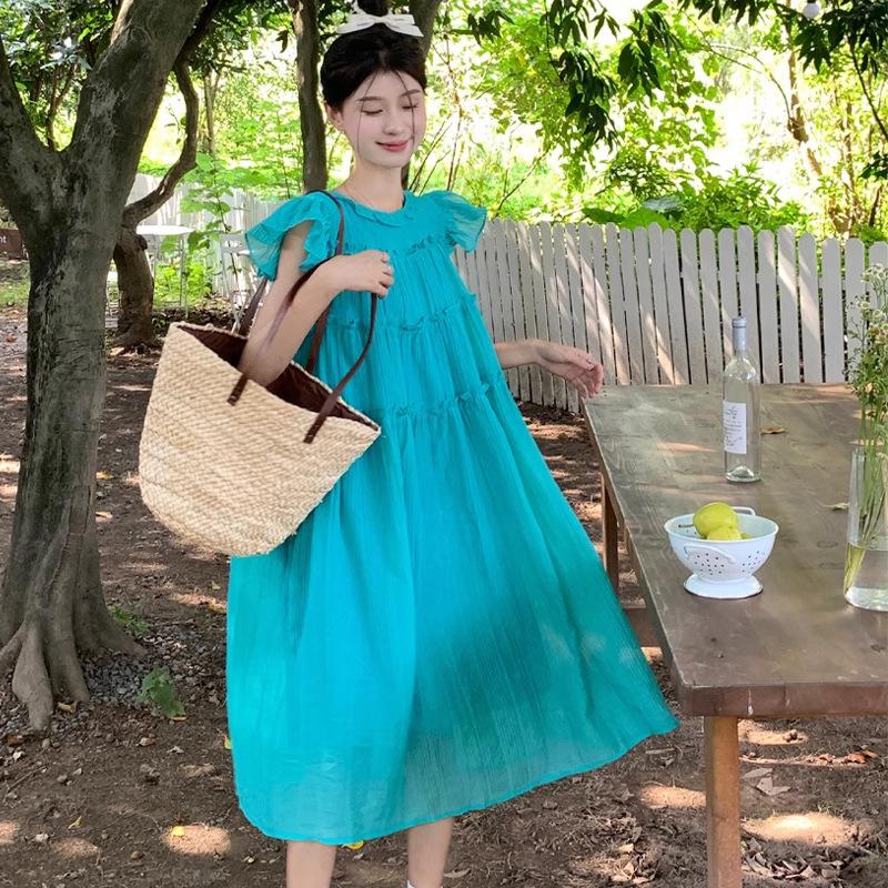Blue small flying sleeve dress women's summer new French temperament wooden ear edge loose and thin knee medium and long skirt