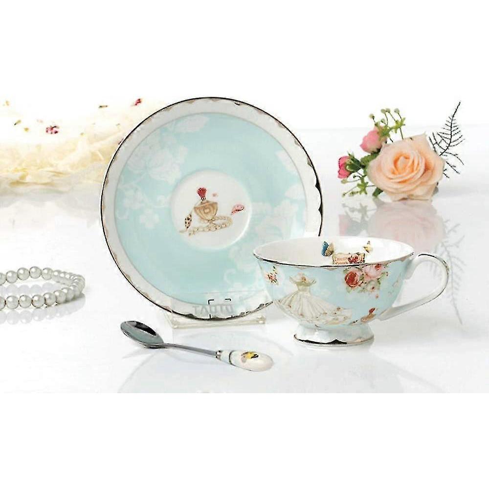 Fine Bone China Tea Cups And Saucers, Pastel Blue Floral Design Coffee Mug Tea Cups Set With Gift Box For Women Mom, 7 Ounces