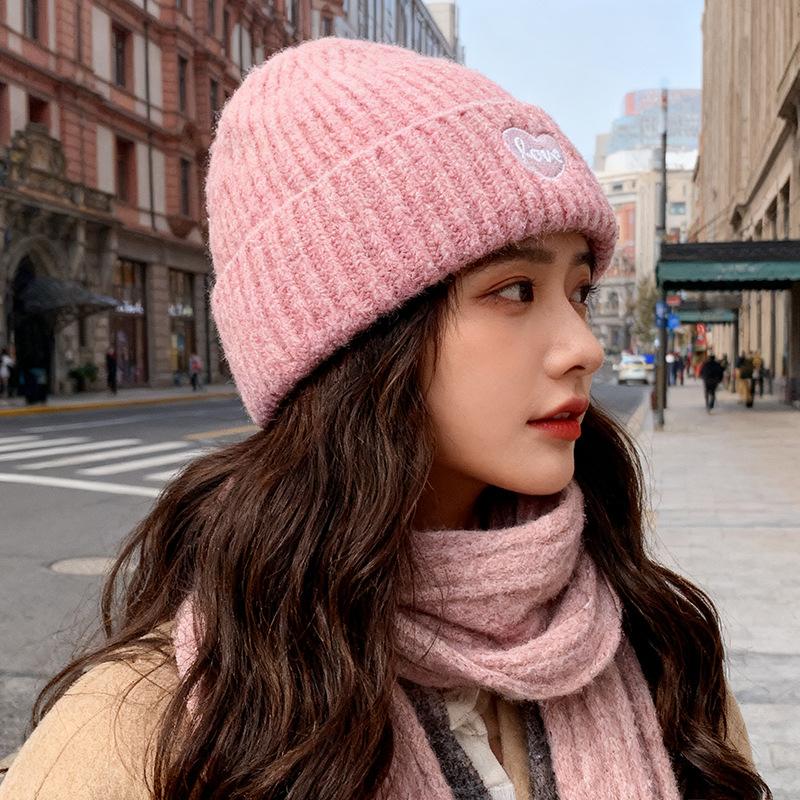 Autumn and Winter Warmth, Love Letter Embroidered Hat, Women's Big Head, Knitted Hat, Ear Protection, Cold Protection Beanie