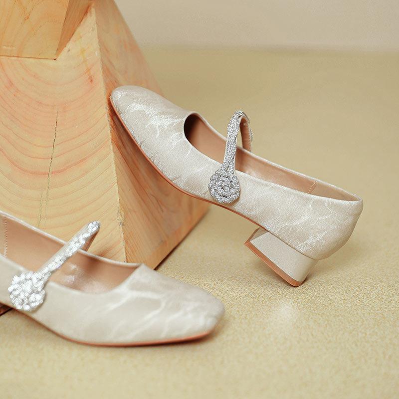 Square head thick heel Mary Jane shoes women's magic buckle one-word strap high heels 2025 new spring and autumn French low-heeled single shoes