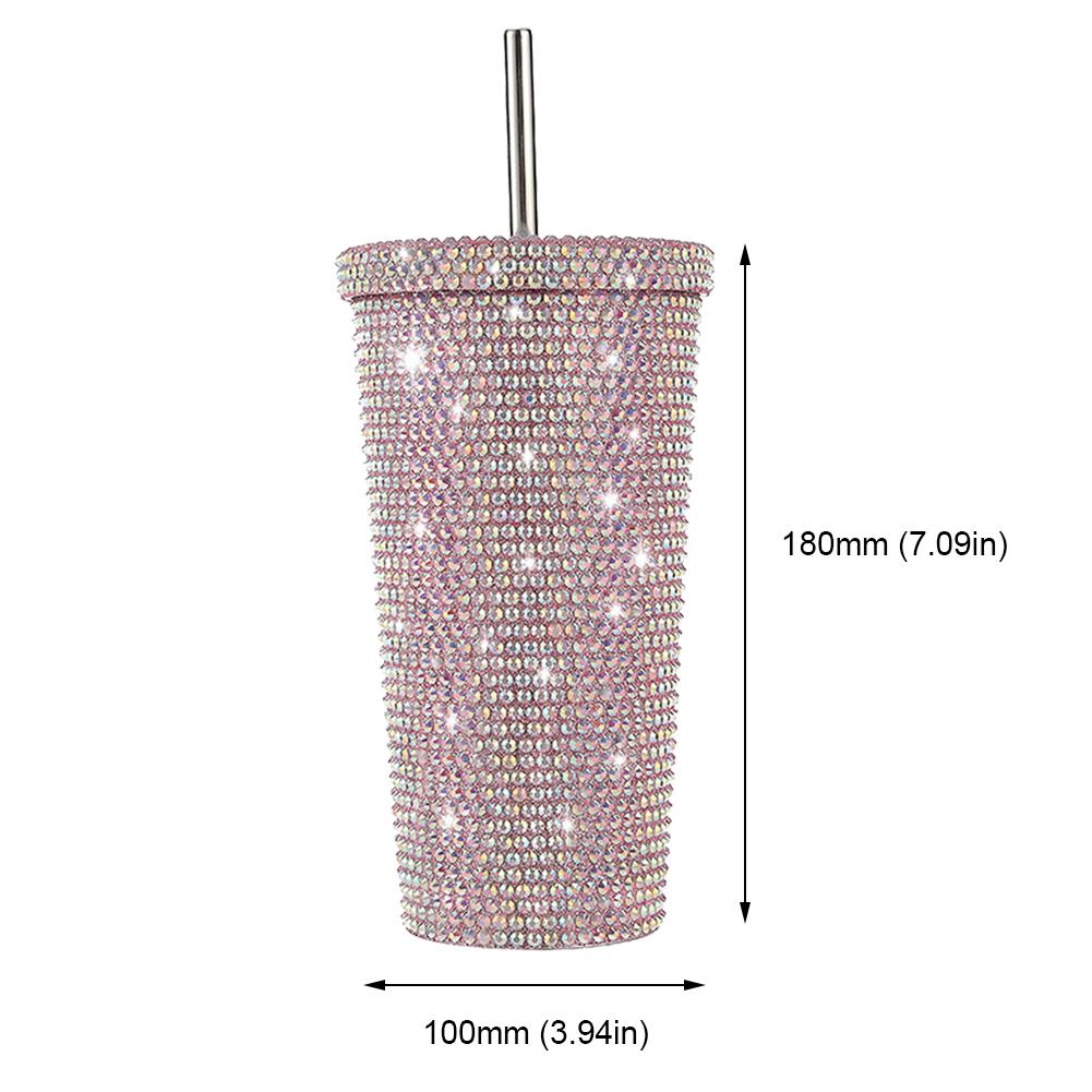 New 500ml Rhinestone Stainless Steel Double Layer Thermos Cups Women Glitter Cup Water Bottle Gift Reusable Straw Cup With Lid