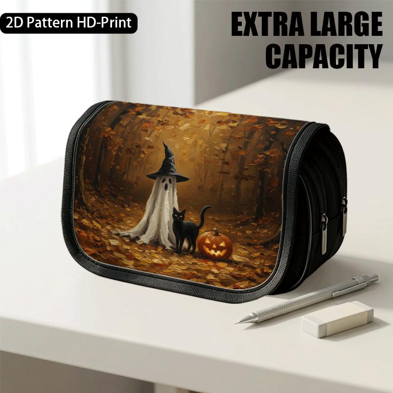 1pc Portable Flip Top Halloween Themed Pencil Case with Double Layer Zipper, Retro Artistic Cat Pumpkin Design, Large Capacity Thickened Oxford Multif