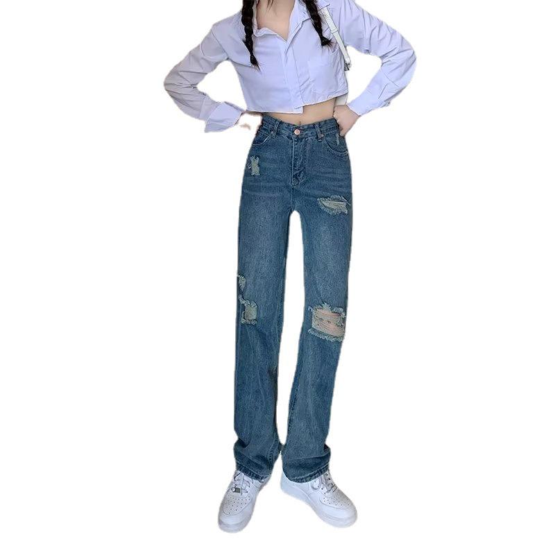 Women's High-Waist Ripped Straight-Leg Jeans - Large Size, Loose, Wide-Leg, Autumn 2022 Collection