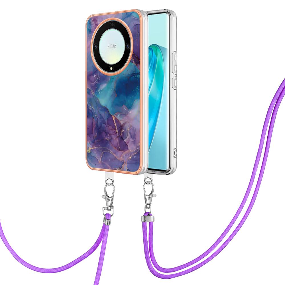 

YB IMD Series-18 Style E Electroplating Phone Case for Honor X9a 5G/Magic5 Lite 5G,2.0mm TPU Marble Pattern Cover with Lanyard Purple