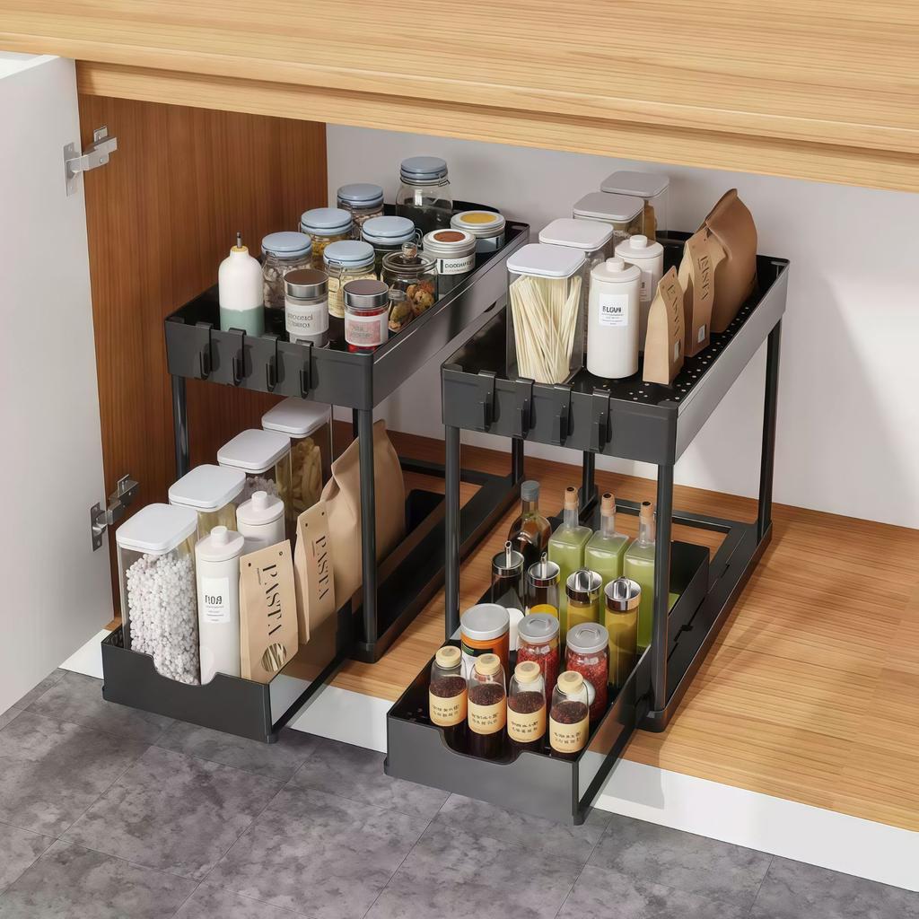 2 Tier Under Sink Sliding Storage Basket Cabinet Organizer Rack with Hooks & Hanging Cup, Multifunctional for Bathroom & Kitchen