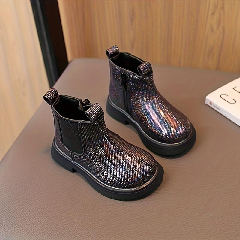 Youngsters Sparkly Geometric Glitter Ankle Boots Side Zipper Cute Platform Mid Calf Round Toe Rubber Sole All Season Purple Pink