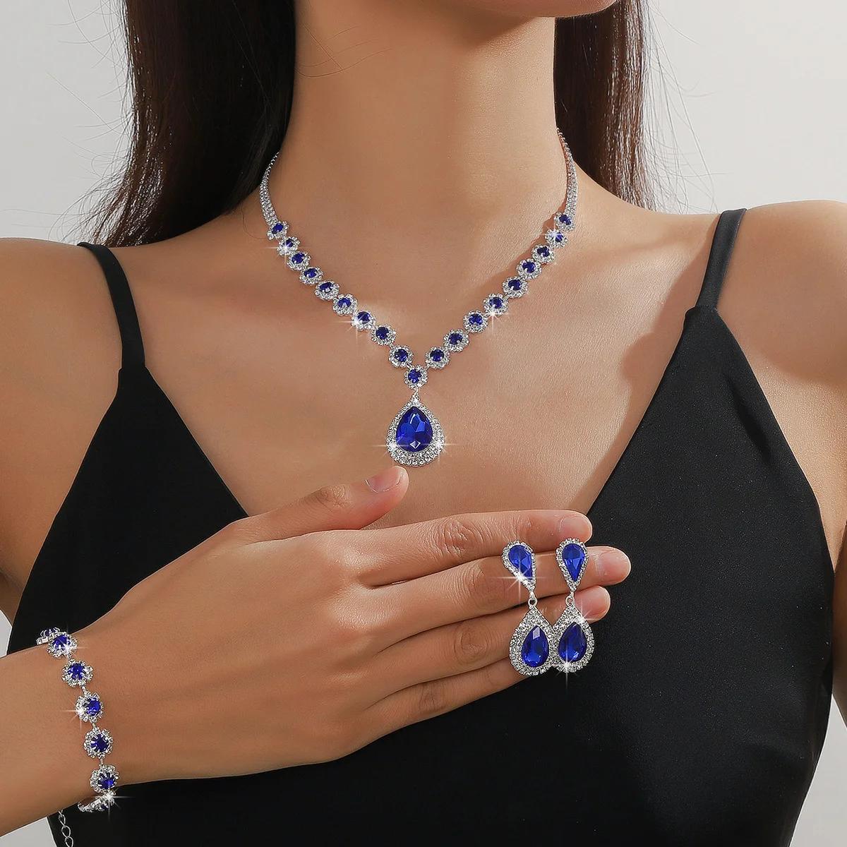 

FYUAN Exquisite Red Blue Green Black Necklace Earrings Bracelet Water Drop Crystal Earrings for Wedding Zircon Sets синій