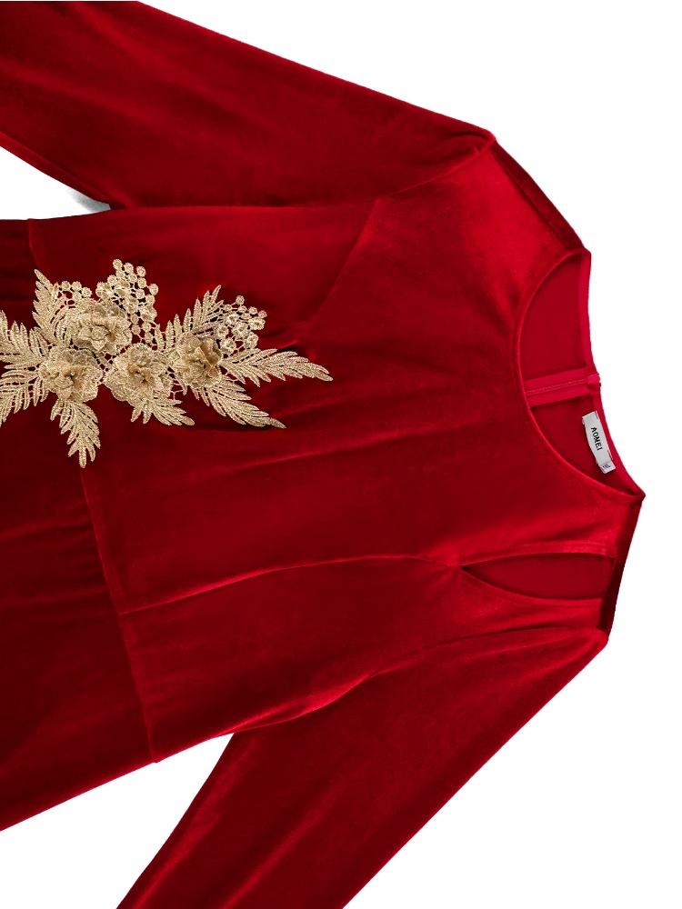 Elegant Women Red Velvet Dress O Neck Cut Out Long Sleeves Embroidery Flower Bodycon Evening Party Wedding Guest Autumn New