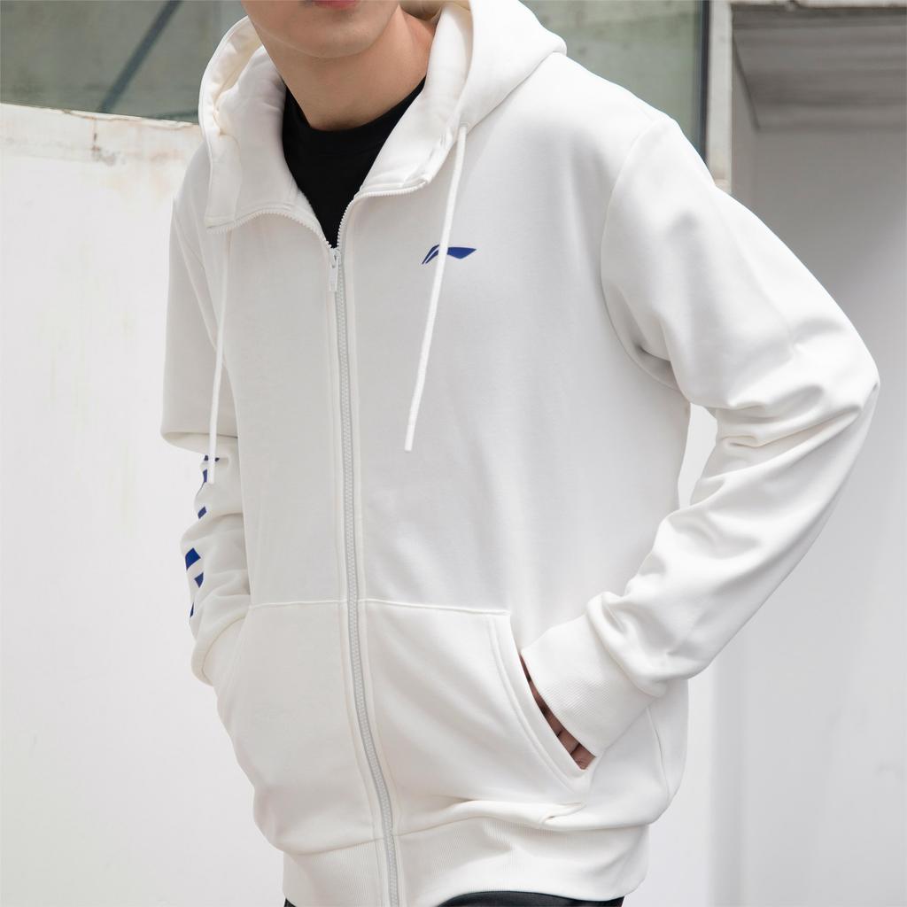 Li Ning Logo Printed Fleece Hooded Zip-Up Sweatshirt Men sweatshirt Off-White YWDT307-1