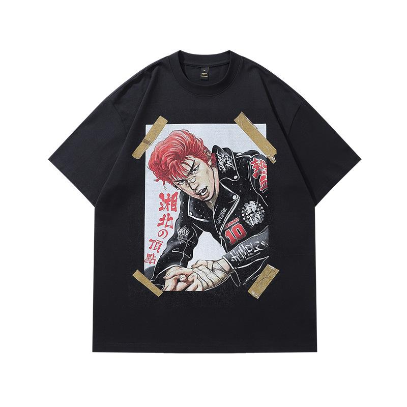 Japanese Cartoon Printed Hiphop Heavy Washed Old Short-Sleeved T-Shirt Men'S And Women'S Hip-Hop Retro Half-Sleeved Tee