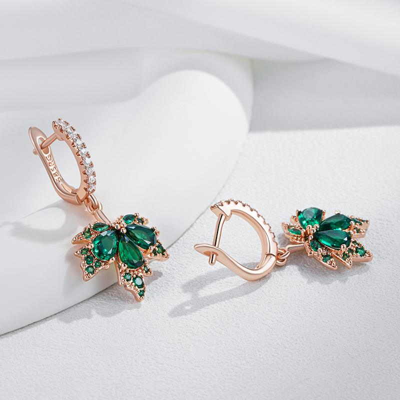 Oryginalny Design Błyszczące Zielone Naturalne Cyrkony Kolczyki Liść Klonu Dla Kobiet Moda Kolor Różowego Złota Codzienna Delikatna Biżuteria