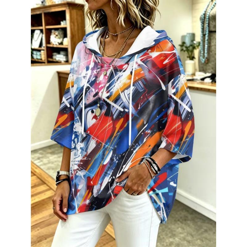 Damen Kapuzenpullover mit Dreiviertelärm, locker, Retro-Blumenmuster, lässiges Urlaubs-Top