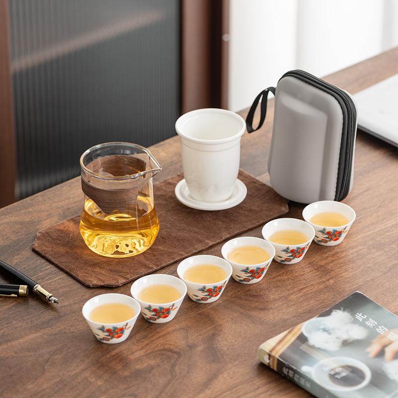 Jade porcelain travel tea set, a pot of six cups set, gifts for the company's business annual meeting, gifts for leaders, teachers, and fathers