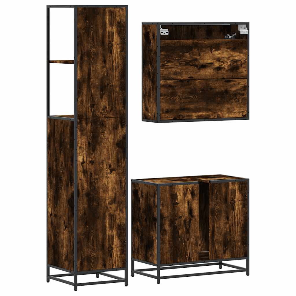 3 Piece Bathroom Furniture Set Smoked Oak Wood Based Material