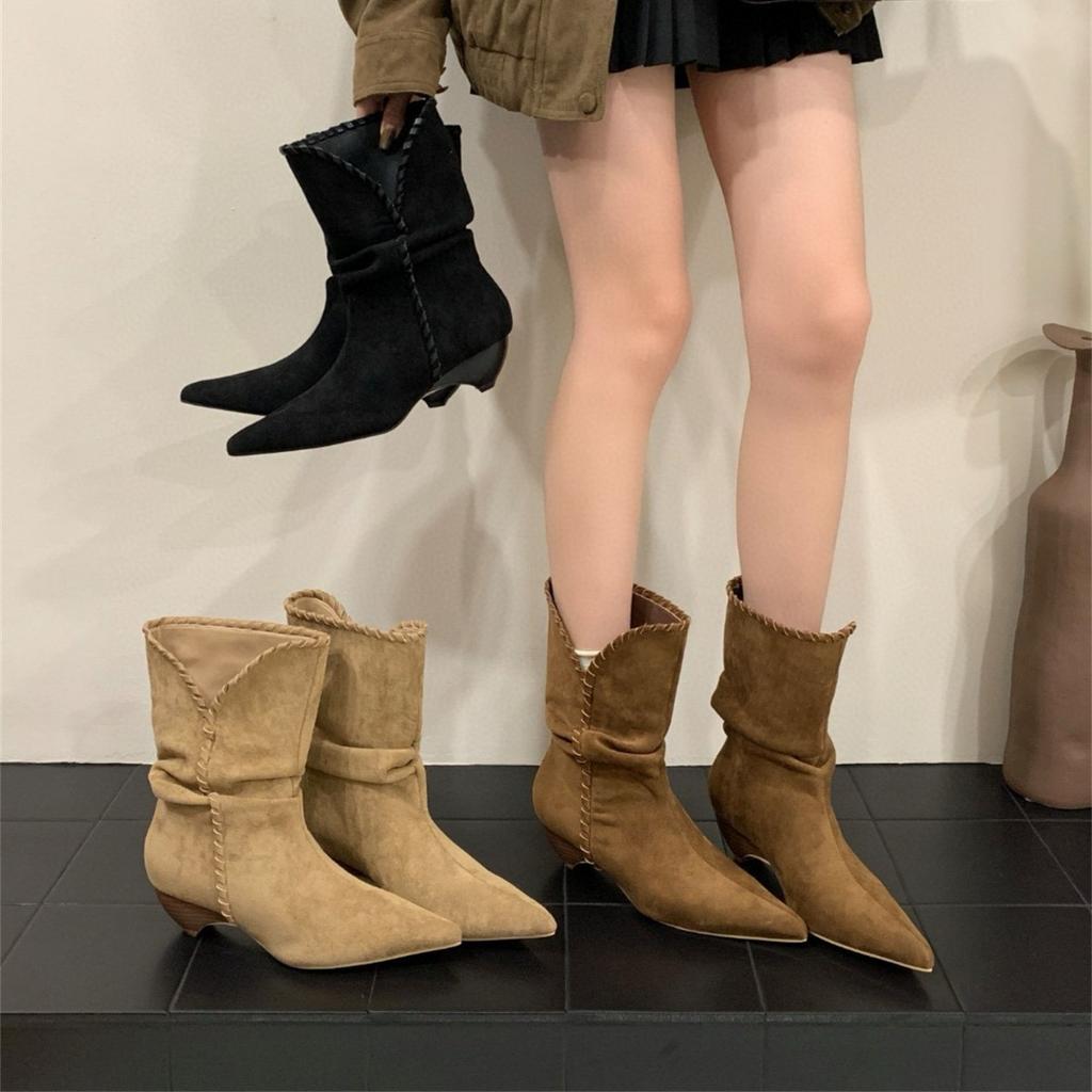 Heel Pointed Suede Pile Boots Medium Knight Boots Women's Boots 2025 Fall/Winter Western Cowboy Skinny Boots