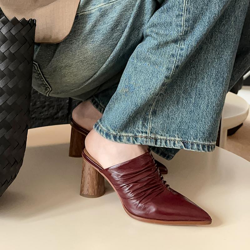 Fashion 2025 New Summer Women Mules Pointed Toe High Heel Shoes Genuine Leather Women Shoes Cover Toe Slingback Sandals Modern Slippers