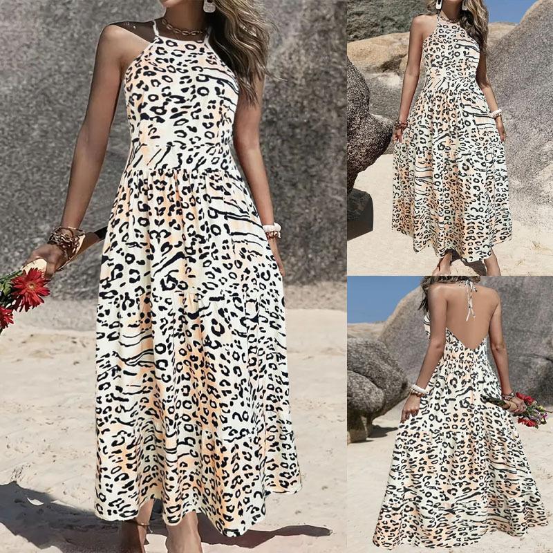 Women's Summer Halterneck Strapless Long Leopard Print Dress