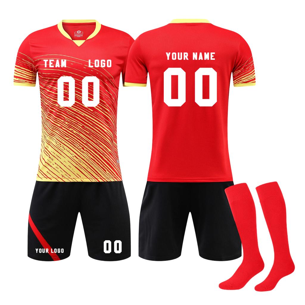 Men Soccer Uniform Set with Short Sleeve Jersey Shorts and Long Socks Breathable Quick Dry Athletic Training Outfit for Sports Teams and Individuals