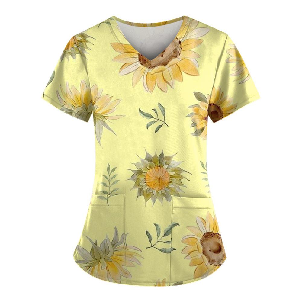 Nursing Uniforms for Women Simple Sunflower Pattern Clinical Uniforms Short-Sleeved V-Neck Fashion Prints Surgical Uniform 2025