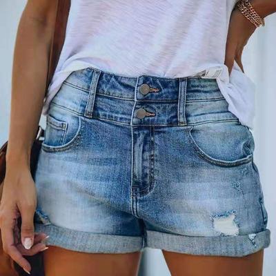 Women's Denim Jeans Ripped Holes Washed Denim Shorts Rolled Hem Double Button Denim Shorts Plus Size