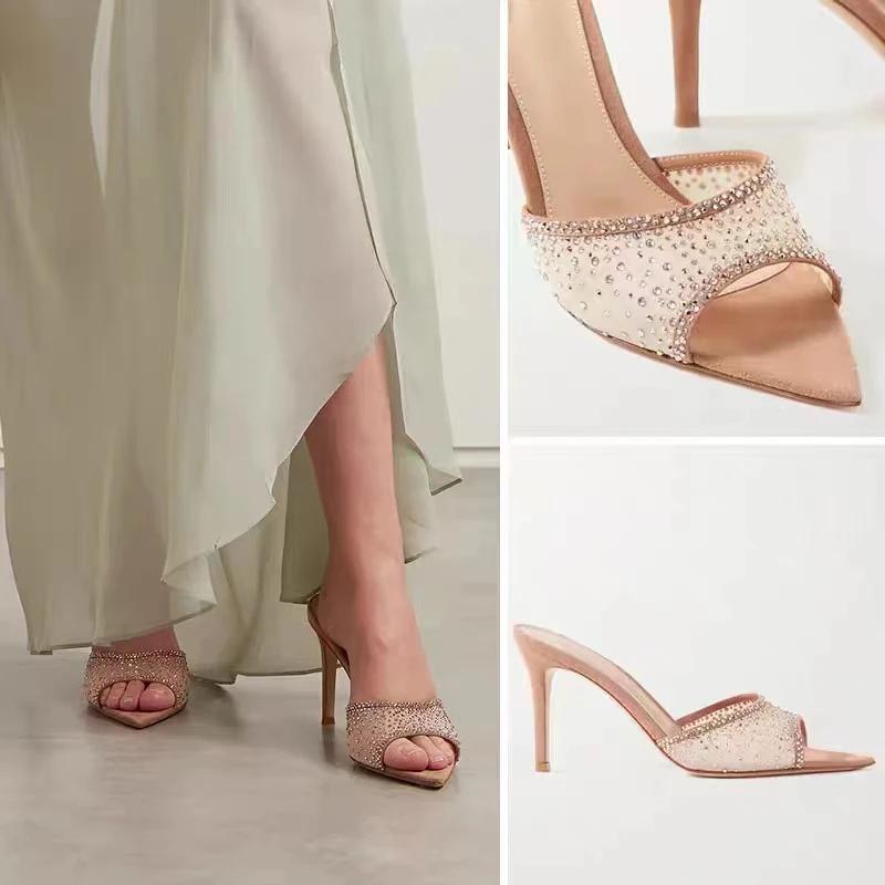 Fashion Rhinestone Mesh Cloth Slip On Women Slippers Pointed Toe Shallow Thin Heels Nude Suede Comfortable Indoor Sandals Crystal Bling