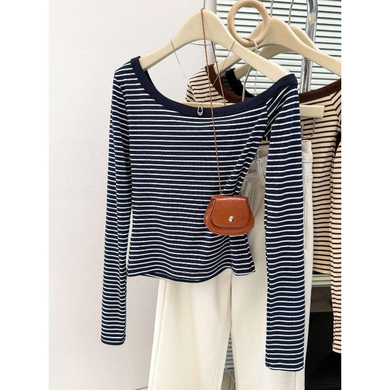 Early autumn real shot diagonal shoulder striped bottoming shirt women's season Spice Girls short slim-fitting long-sleeved T-shirt off-shoulder top