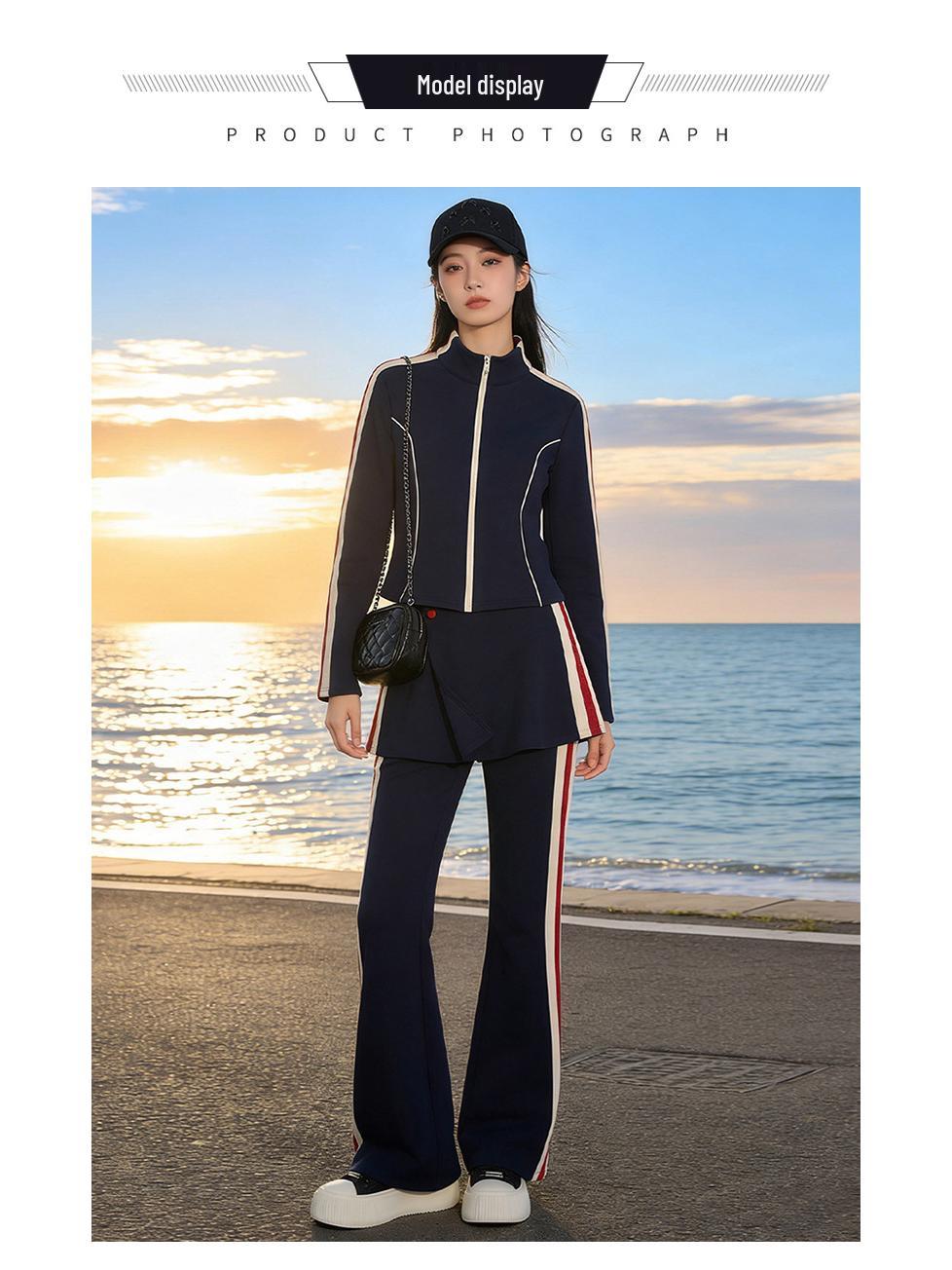 

Women s Korean Style Color Block Stripe Sportswear Set - Spring/Autumn 2026: Slimming Two-Piece with Wide Leg Pants Small темно-синий
