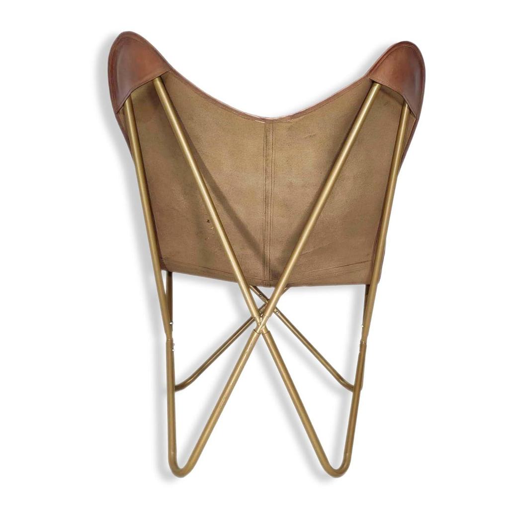 Stylish Recliner Brown Leather Butterfly Chair with Folding Golden Powder Coated Iron Stand